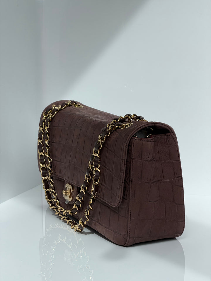 Chanel Maxi Flap Bag Brown Croc-Embossed Suede Calfskin Gold Tone Hardware 2026