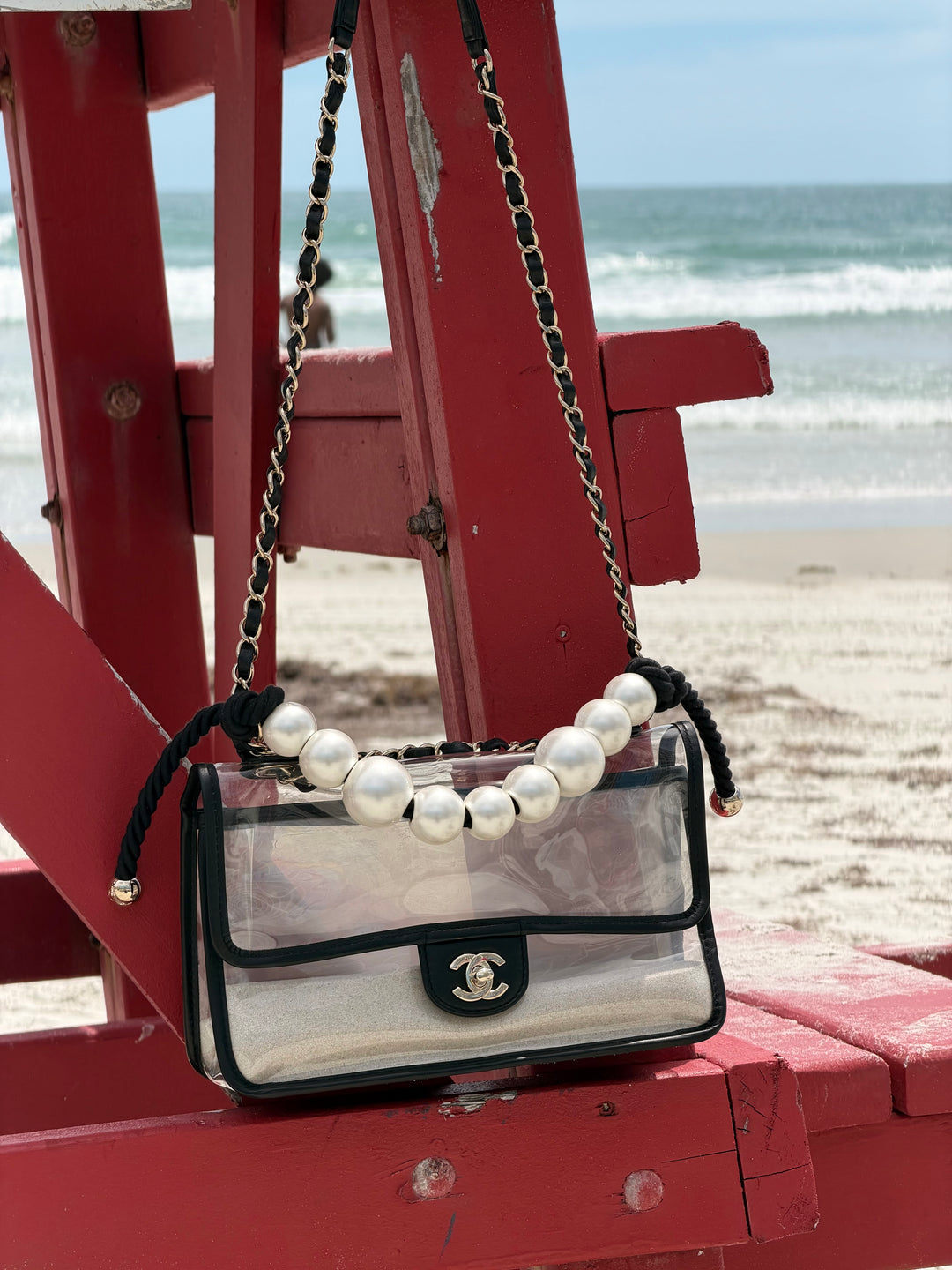 Chanel Sand By The Sea Pearl Strap Flap Bag PVC Black Light Gold Hardware 2019