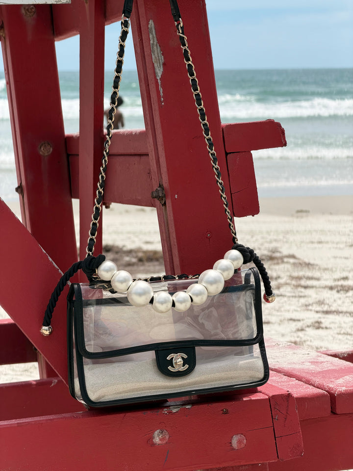 Chanel Sand By The Sea Pearl Strap Flap Bag PVC Black Light Gold Hardware 2019