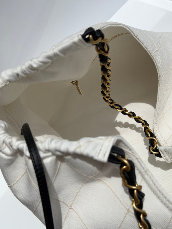 Chanel Coco Beach Maxi Shopping Bag White Denim Black Calfskin Gold Hardware 2026