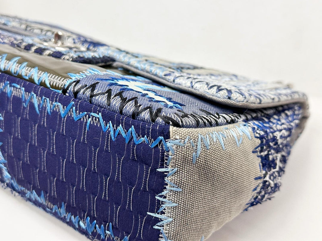 Chanel Jumbo Single Flap Patchwork Denim Blue Tweed Textile Leather Silver Hardware 2015