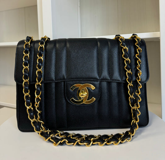 CHANEL VINTAGE BLACK CAVIAR MADEMOISELLE JUMBO CLASSIC FLAP BAG