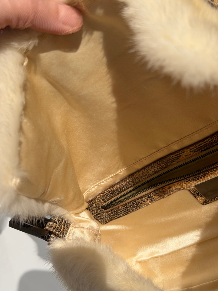 Fendi Crystal Embellished Baguette White Mink Fur Lizard Trim Gold Tone Hardware