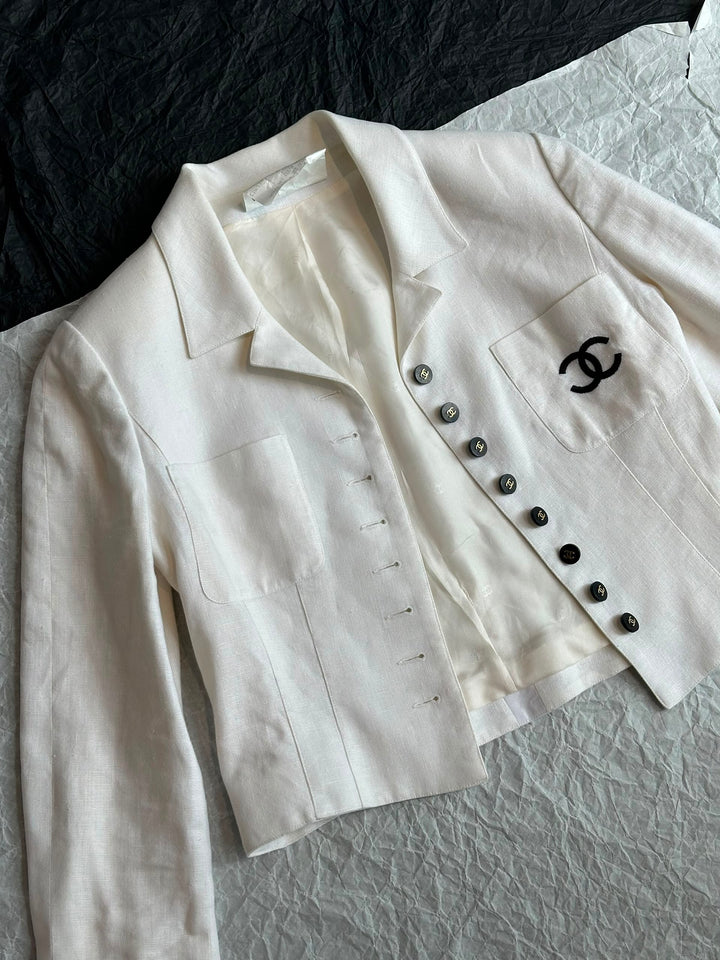 Chanel CC Logo White Linen Runway Jacket 1995