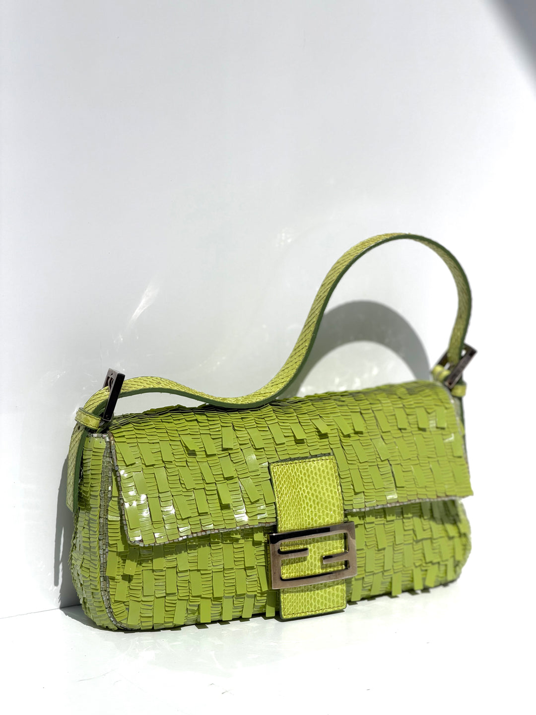 Fendi Lime Green Sequin Baguette Python Trim Silver Hardware 2000