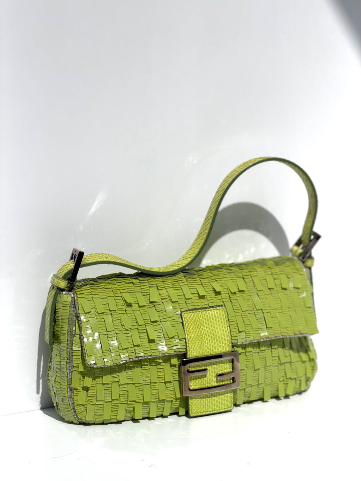 Fendi Lime Green Sequin Baguette Python Trim Silver Hardware 2000