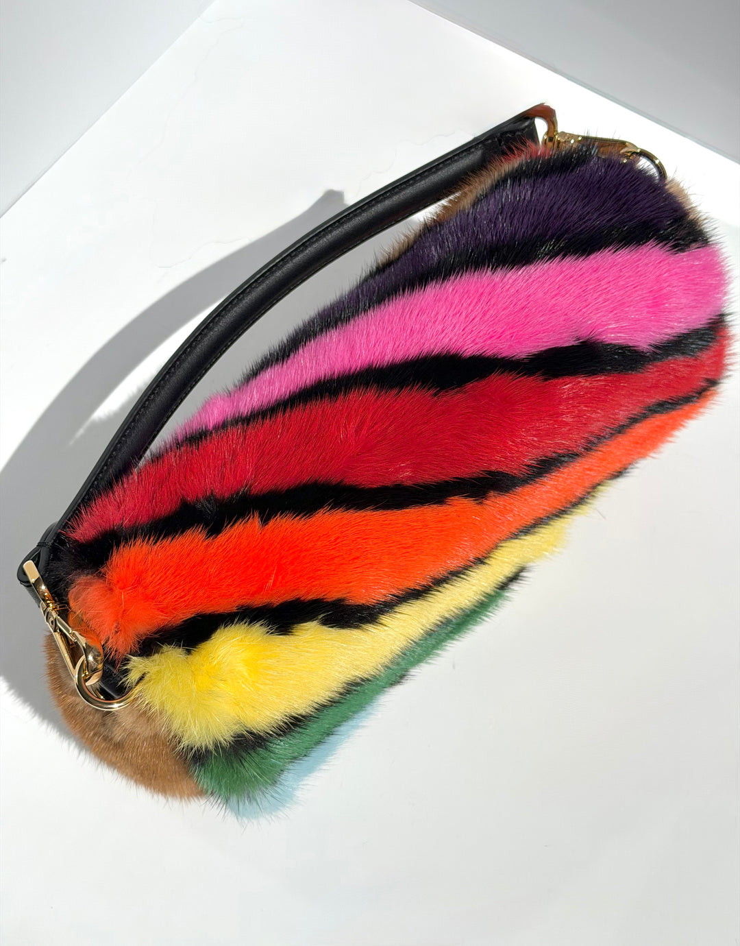 Fendi Baguette Visone Intarsio Arcobaleno Multicolor Mink Fur Gold Hardware 2022