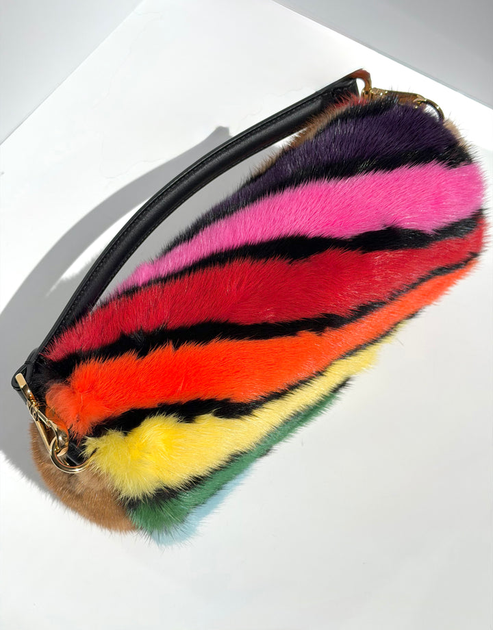 Fendi Baguette Visone Intarsio Arcobaleno Multicolor Mink Fur Gold Hardware 2022
