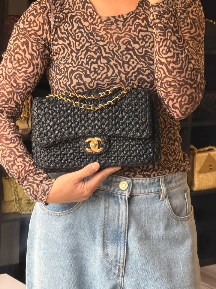 Chanel 18C Black Ancient Greece Raffia Crochet Flap Bag