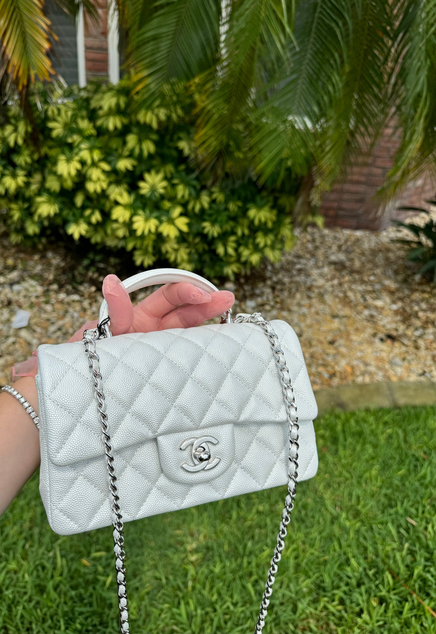 Chanel 21S Mini Iridescent White Caviar Top Handle