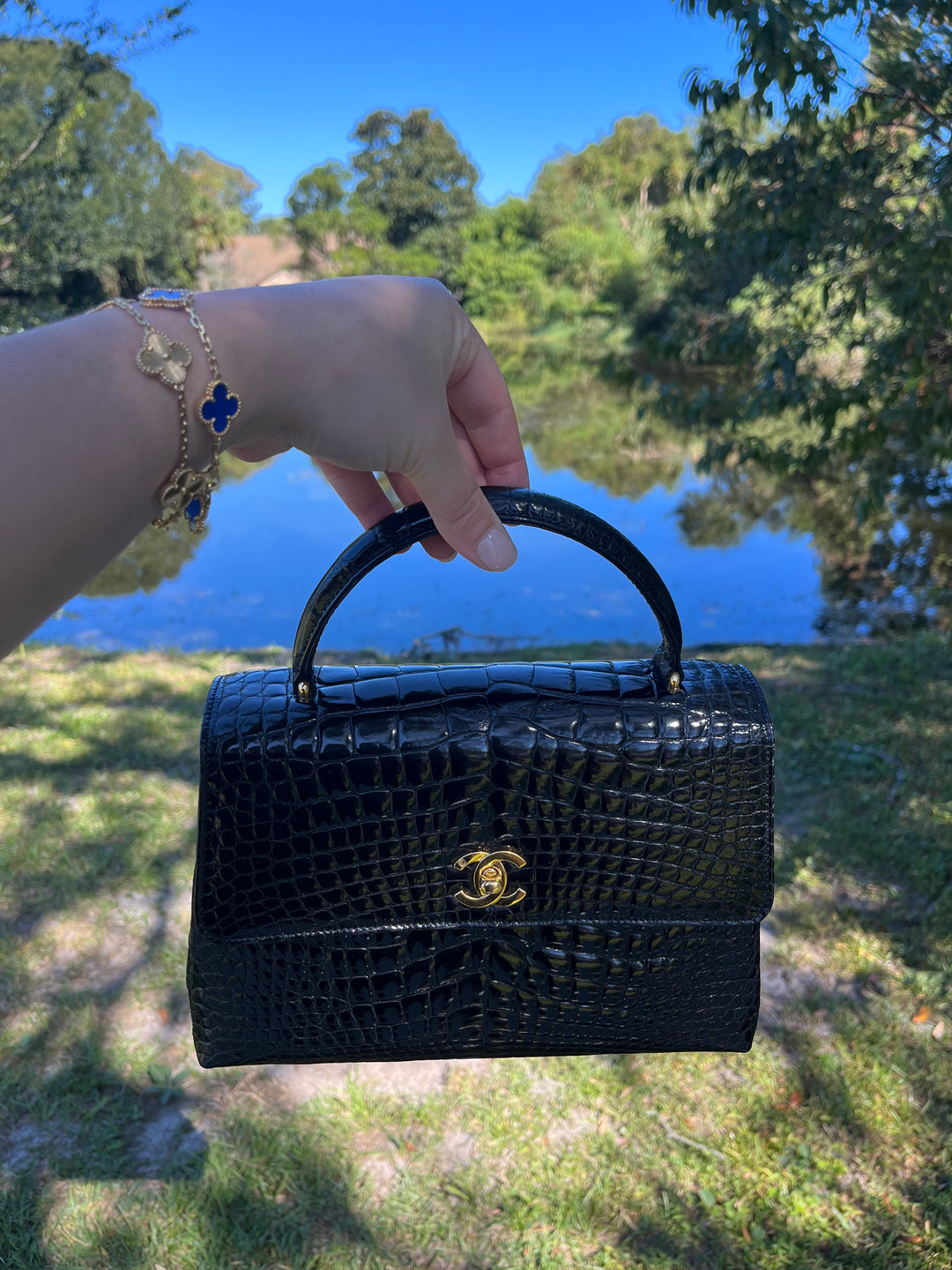 Chanel Vintage Small Crocodile Top Handle Flap Bag