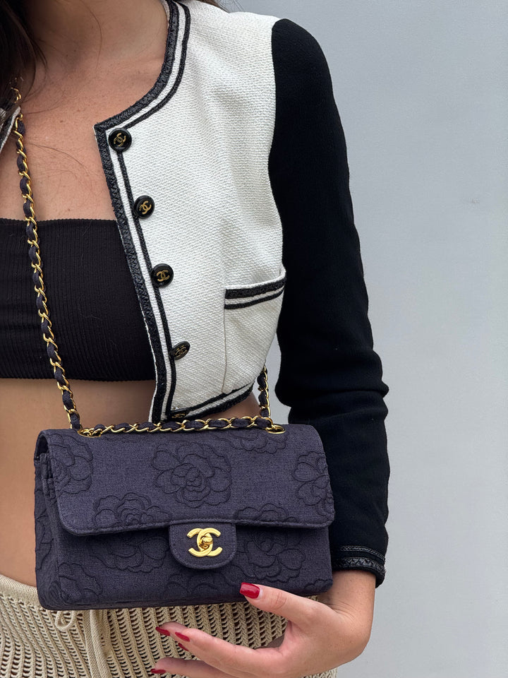 Chanel 1997 Medium 24K Navy Camellia Classic Flap Bag