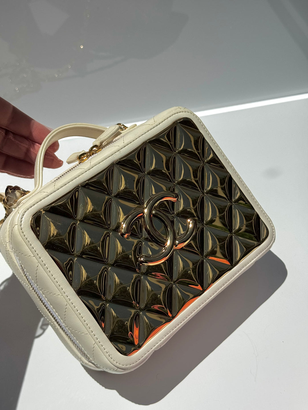 Chanel 21K Small White Lambskin Golden Plate Vanity Case