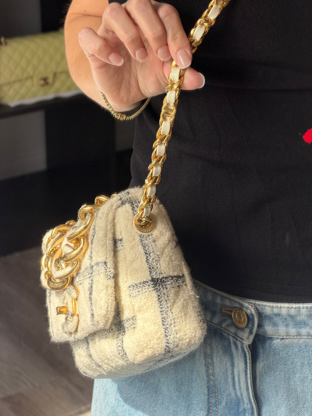 Chanel Small Elegant Chain Flap Wool Tweed White Black Gold Hardware 2022