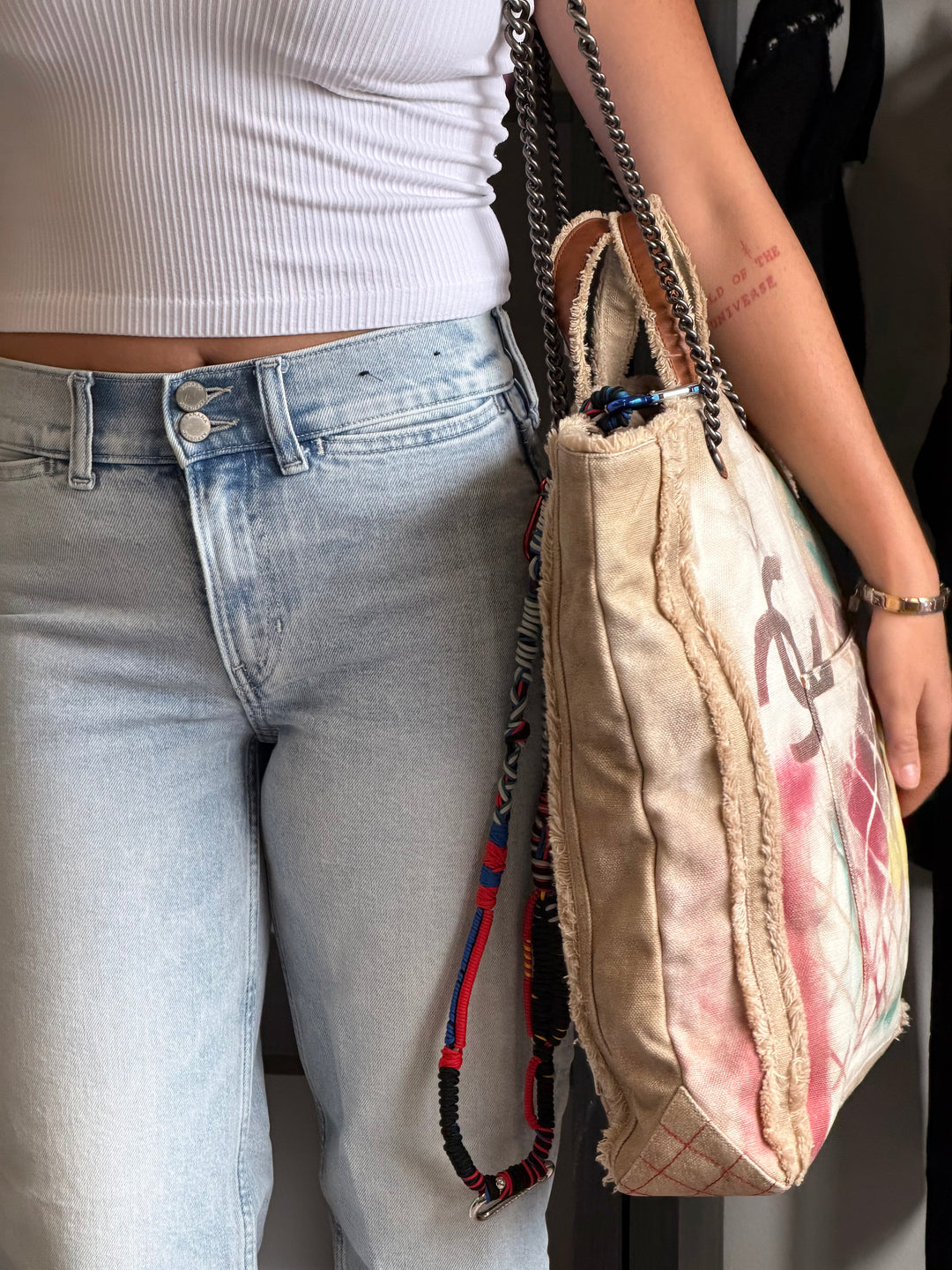 Chanel Runway Art School Graffiti Canvas Tote Beige Multicolor Ruthenium Hardware 2014