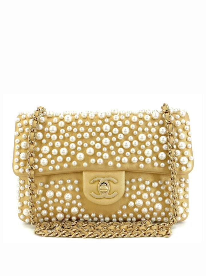 Chanel Paris Dubai Small Flap Gold Lambskin Pearl Embellished Brushed Gold Hardware 2015