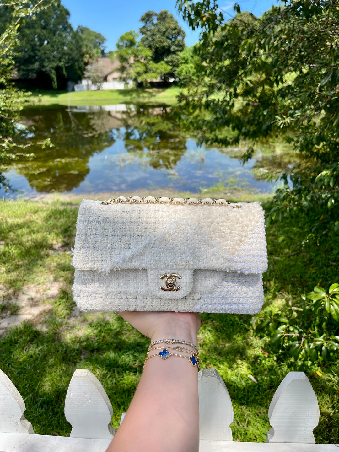 Chanel White Medium Tweed Patchwork Flap Bag