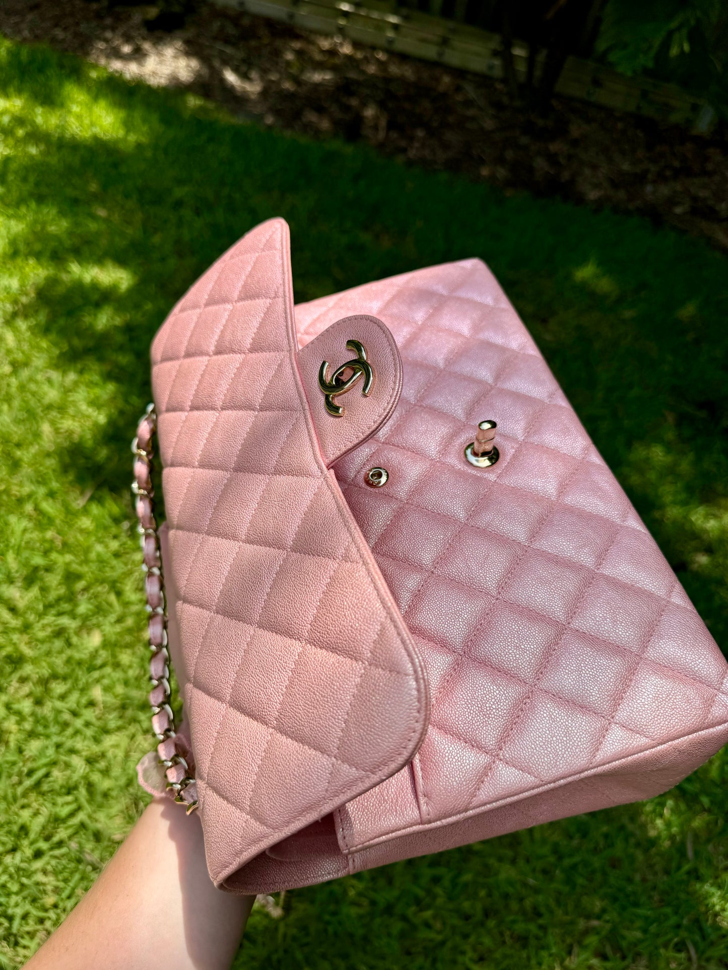 Chanel 19S Pink Iridescent Jumbo Caviar Double Flap Bag