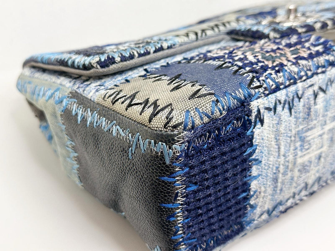 Chanel Jumbo Single Flap Patchwork Denim Blue Tweed Textile Leather Silver Hardware 2015
