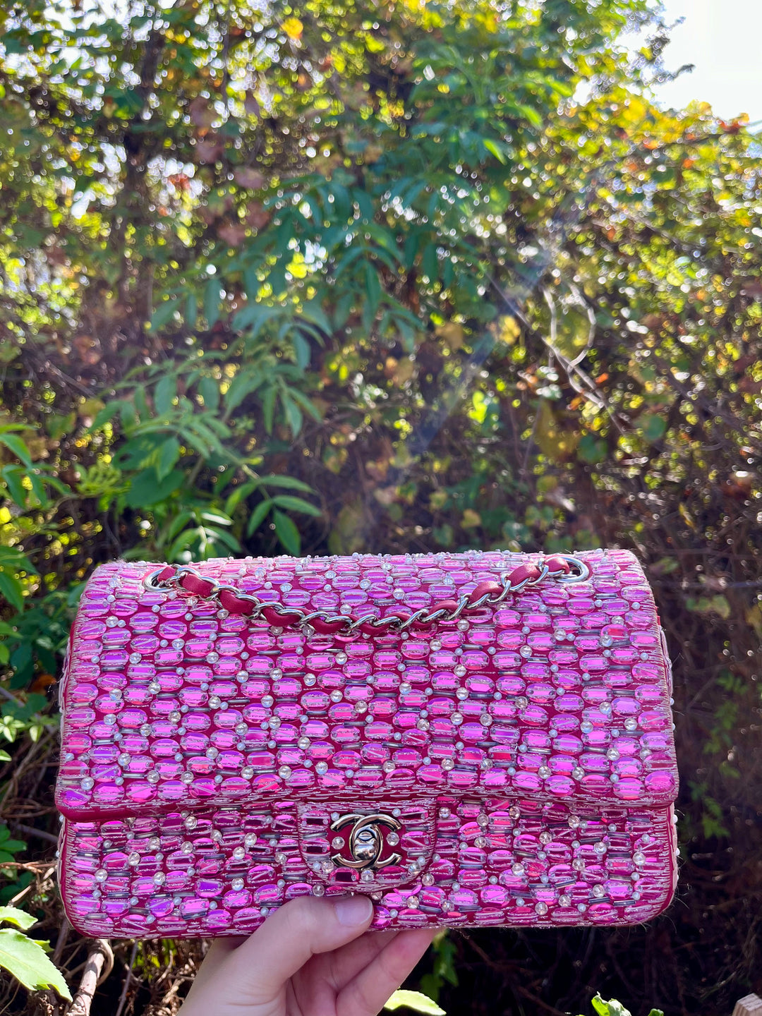 Chanel Pink Beaded Satin Medium Double Flap Bag