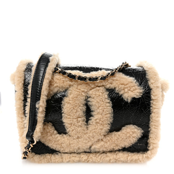 Chanel Black Shiny Crumpled Sheepskin and Shearling Mania Flap