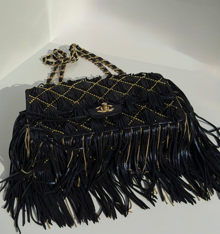 Chanel Paris-Dallas Medium Fringe Flap Bag Black Iridescent Leather Brushed Gold Tone Hardware 2014