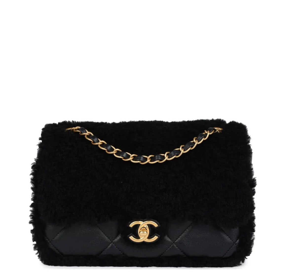 Chanel 24K Black Shearling Medium Flap Bag