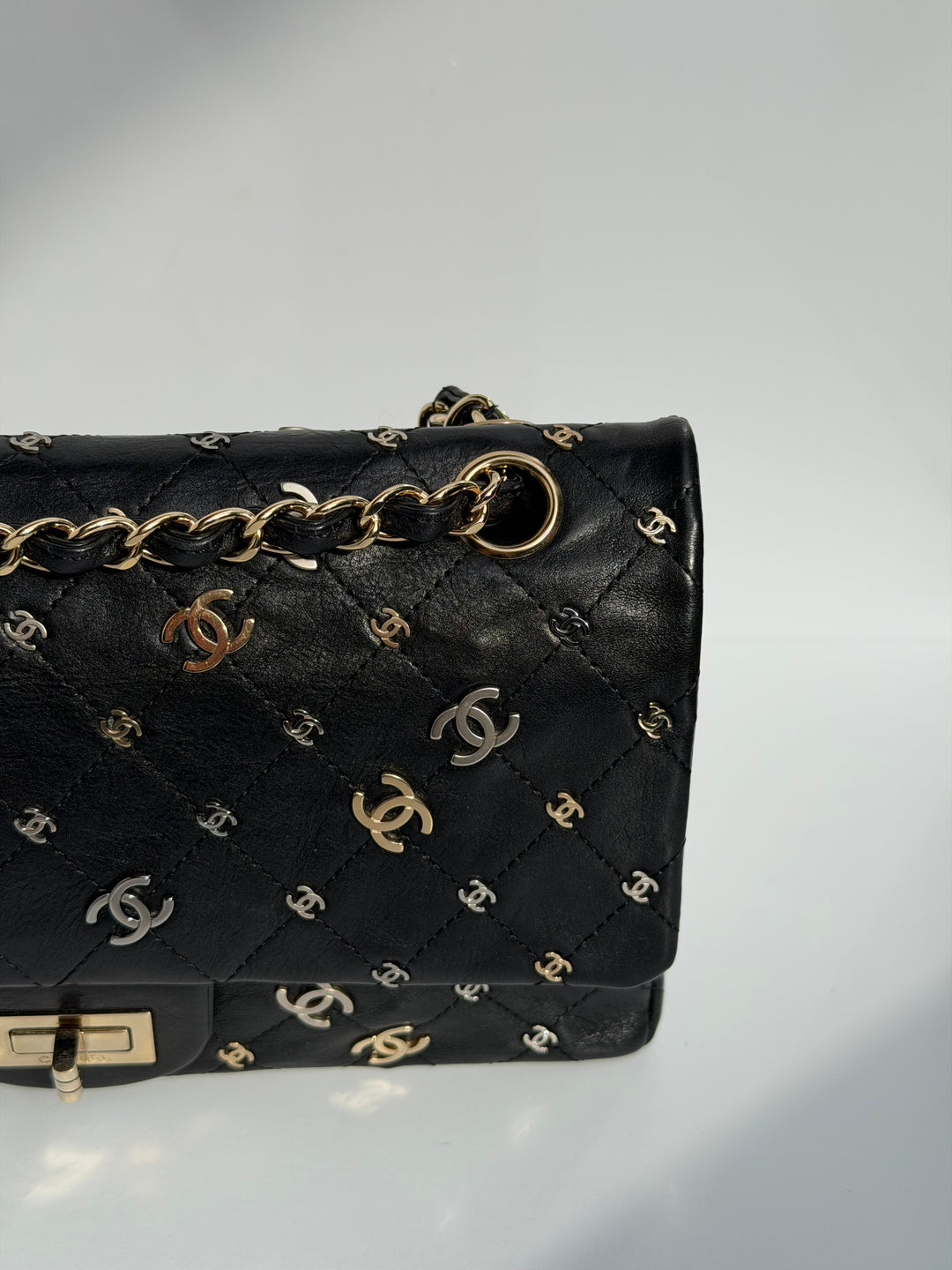 Chanel Medium Reissue 2.55 Flap Bag Black Leather Gold Hardware Punk Charms 2007
