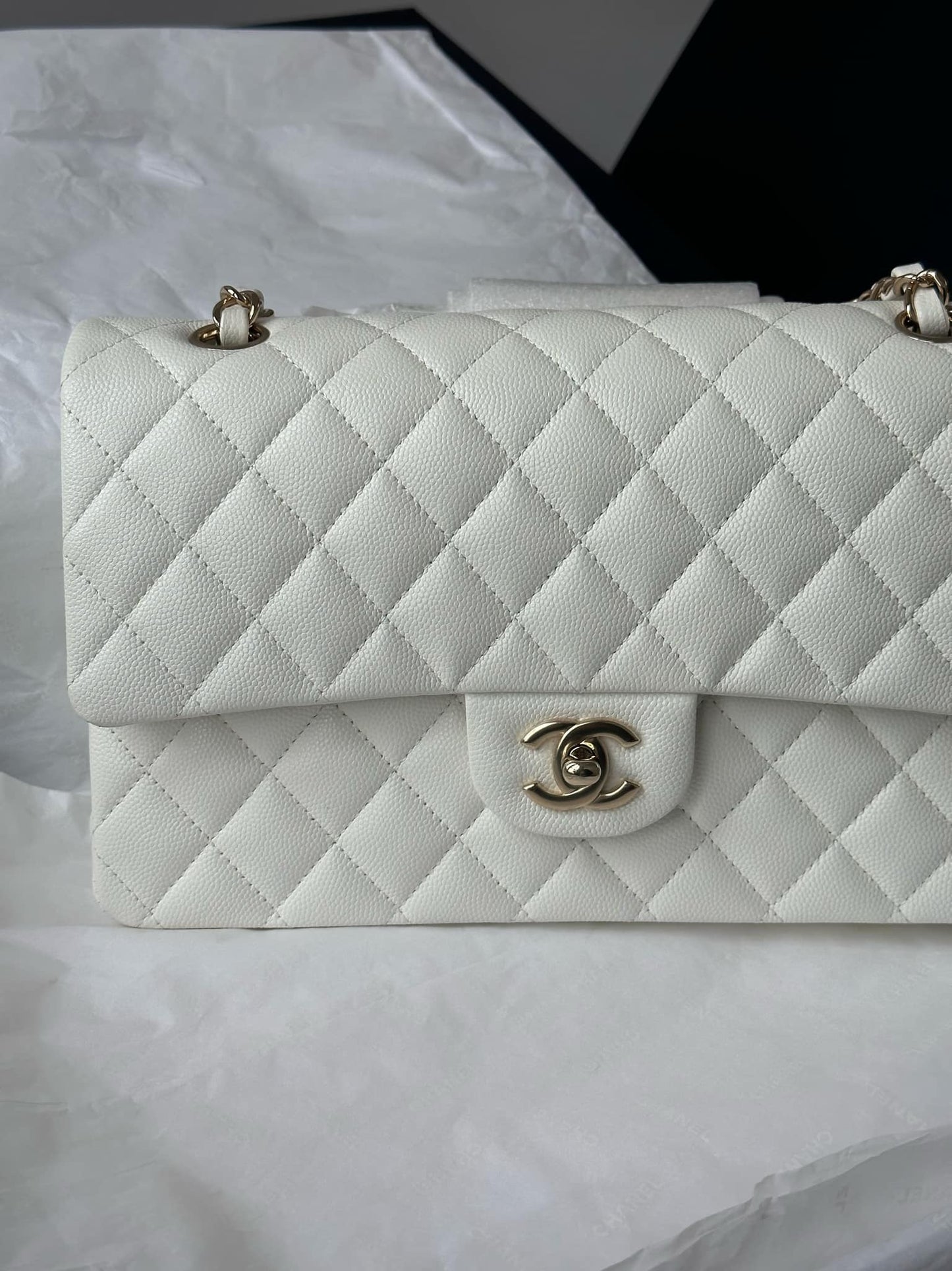 Chanel 22S Snow White Medium Caviar Double Flap Bag