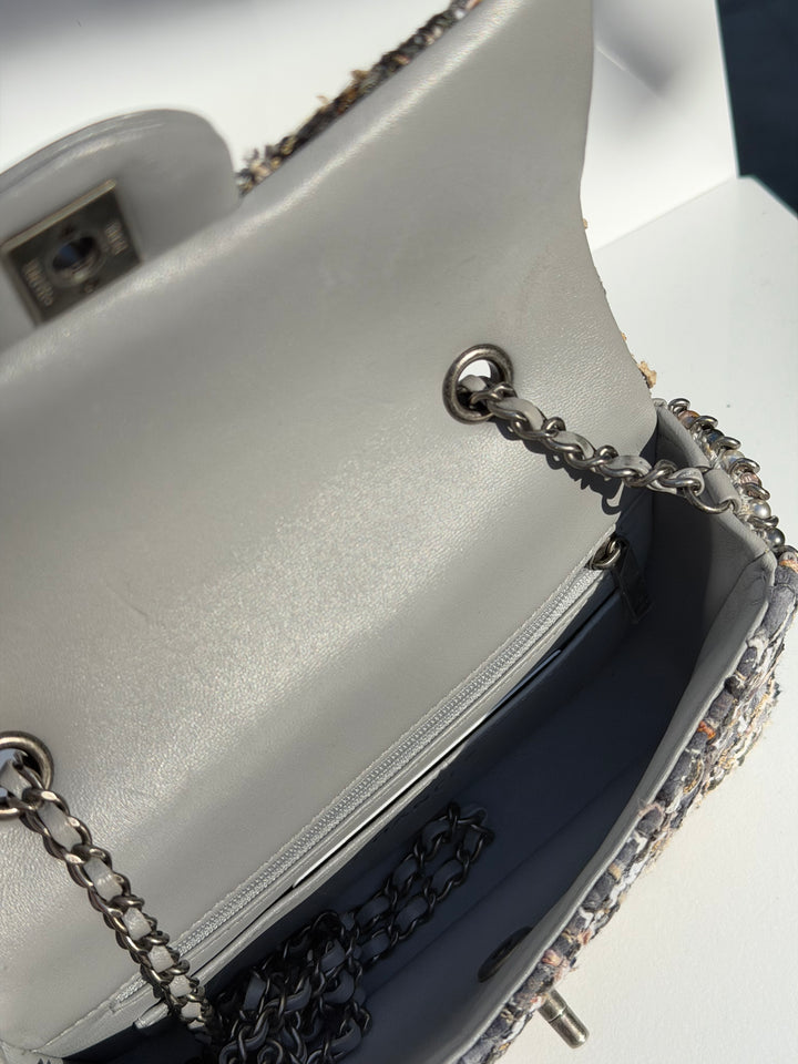 Chanel River of Pearls Mini Flap Quilted Tweed Grey Aged Silver Hardware