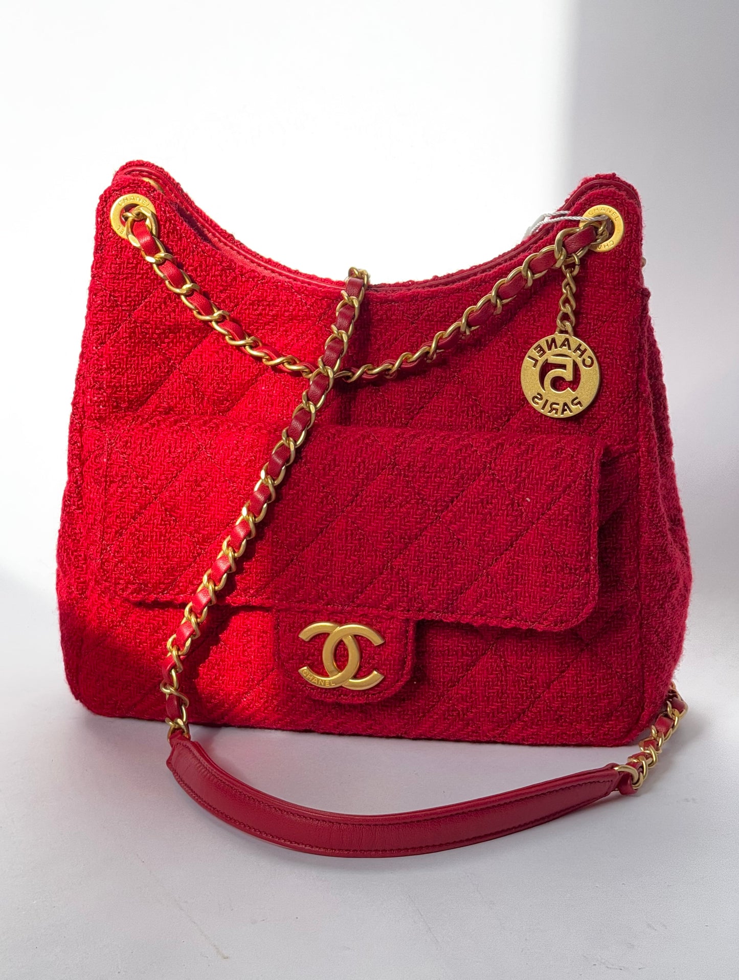 Chanel Small Red Wool Tweed Hobo