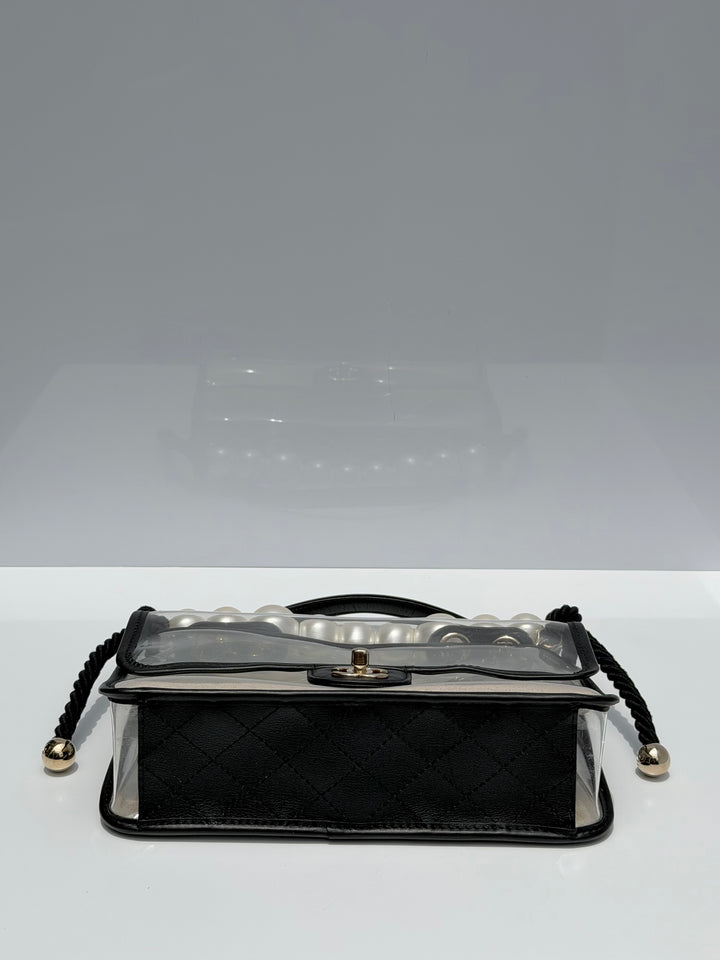 Chanel Sand By The Sea Pearl Strap Flap Bag PVC Black Light Gold Hardware 2019