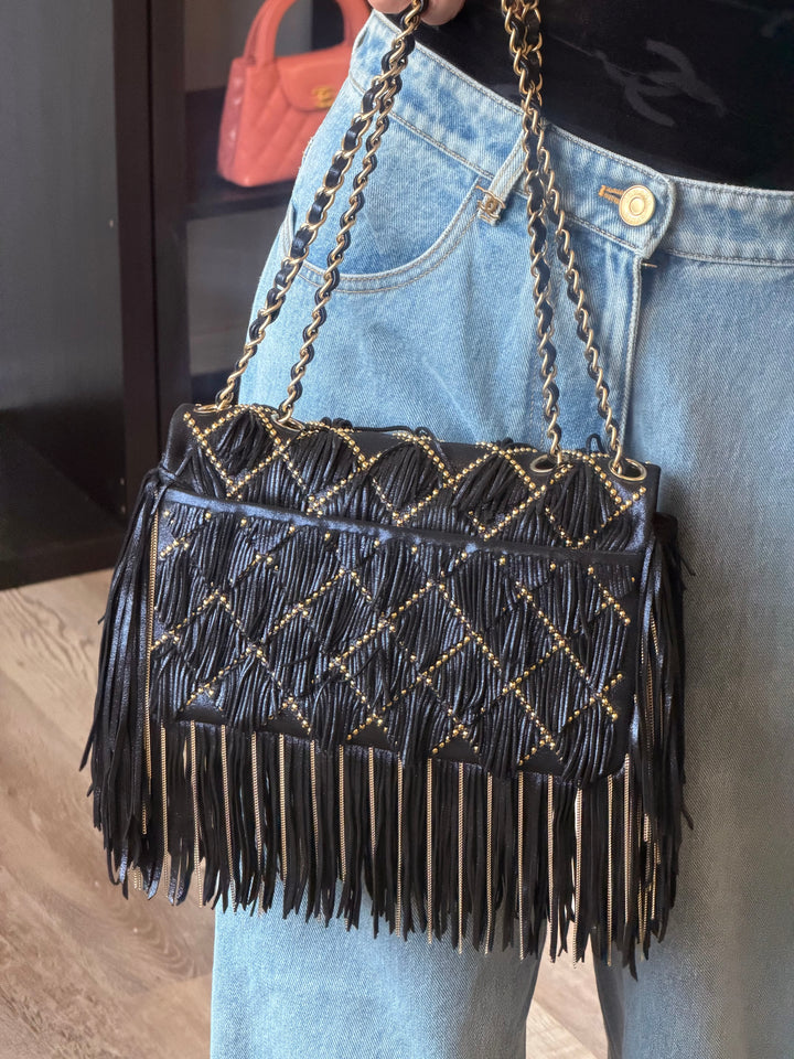 Chanel Paris-Dallas Medium Fringe Flap Bag Black Iridescent Leather Brushed Gold Tone Hardware 2014