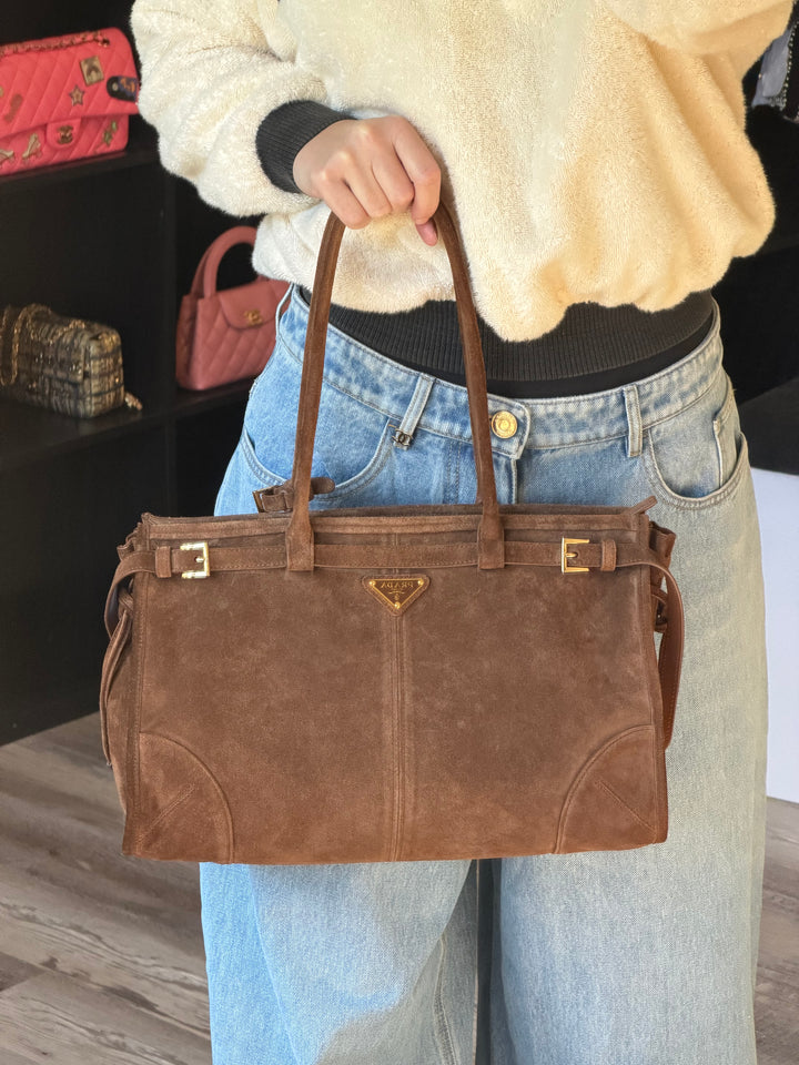 Prada Bonnie Large Tote Bag Cacao Suede Gold Tone Hardware