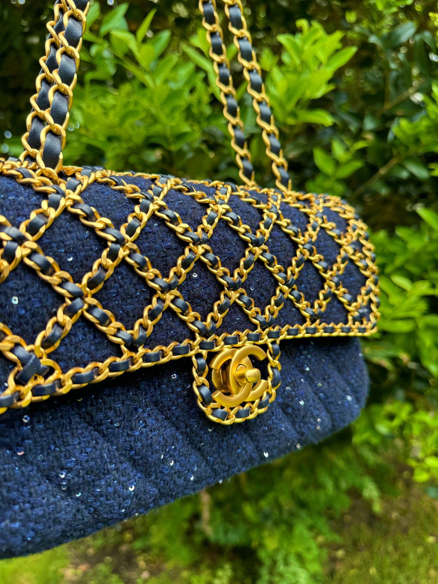 Chanel 2020 Small Woven Chain Blue Tweed Classic Flap