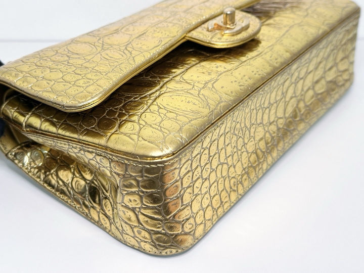 Chanel Metallic Gold Croc Embossed Medium Classic Flap Bag