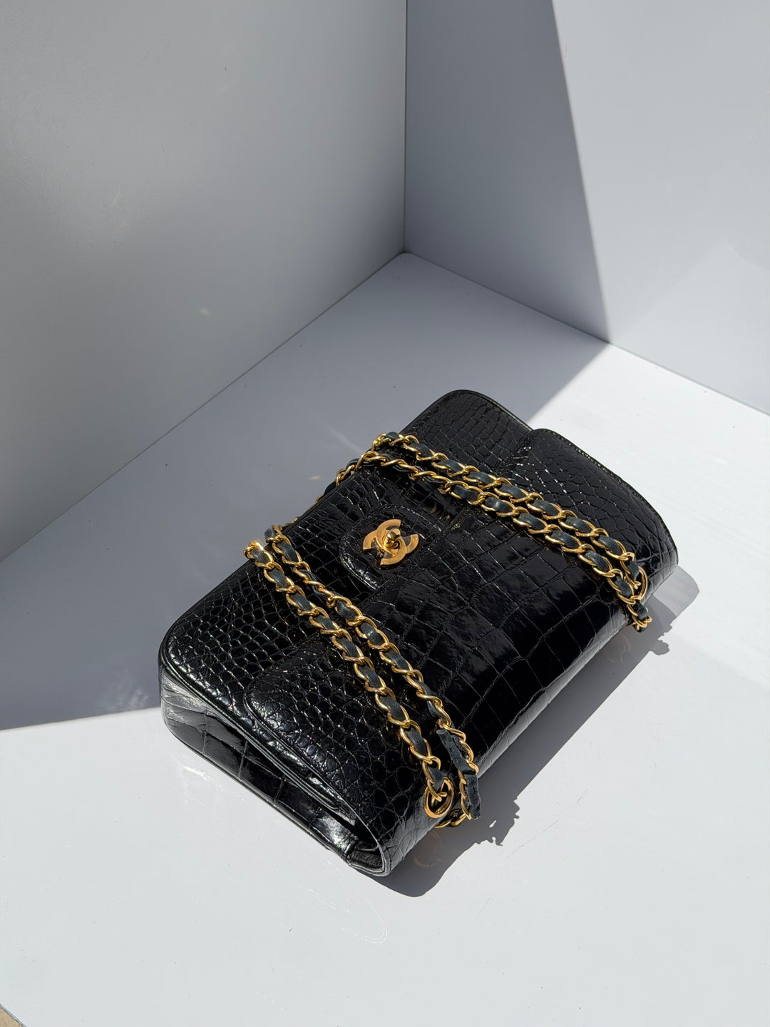Chanel Medium Classic Flap Bag Alligator Black 24K Plated Gold Hardware 1997