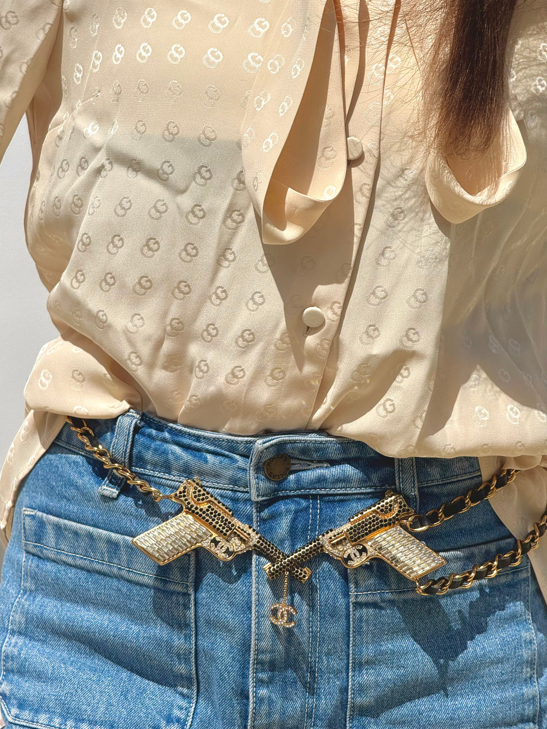 Chanel Runway Pistols Belt Necklace Black Leather Crystal Gold Hardware 2001