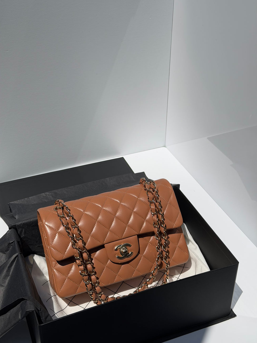 Chanel Small Classic Flap Bag Lambskin Caramel Light Gold Hardware 2022
