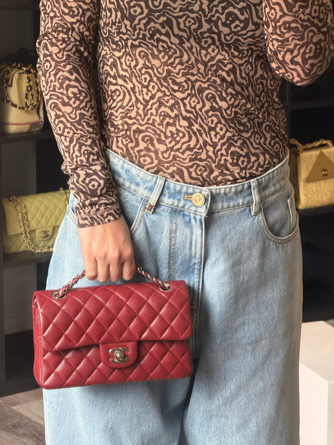 Chanel Small Classic Double Flap Caviar Burgundy Silver Hardware 2020