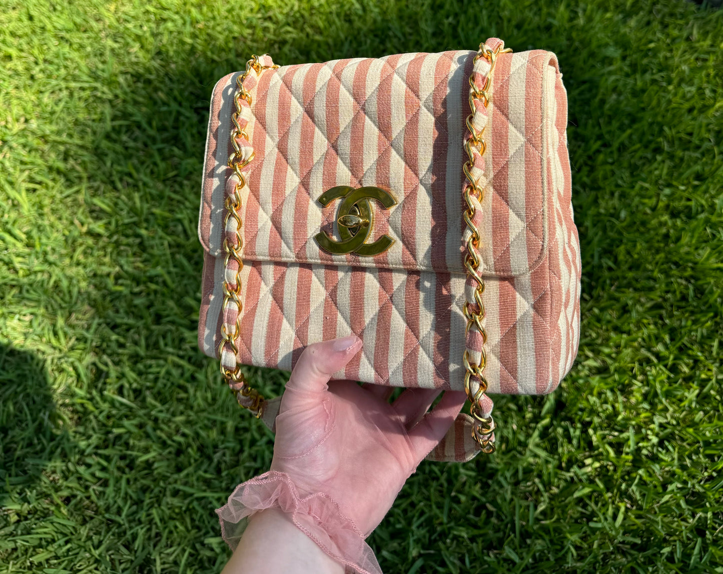 Chanel 24K Vintage Pink Striped Large Flap