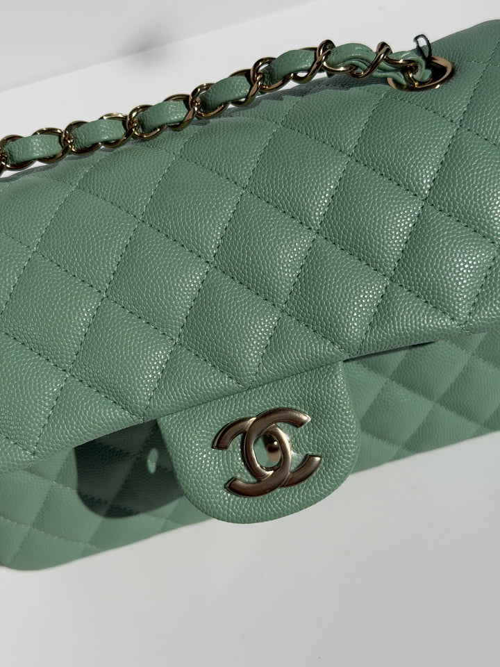 Chanel Small Classic Double Flap Caviar Green Light Gold Hardware 2023