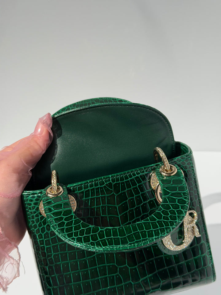 Dior Emerald Crocodile Mini Lady Dior Top Handle Diamond Gold Hardware 2022