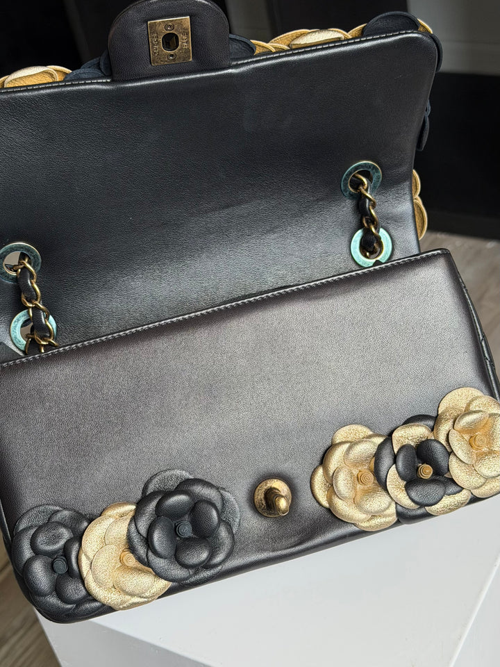 Chanel Metallic Gold and Black Lambskin Camellia Rose Appliqué Medium Flap Bag