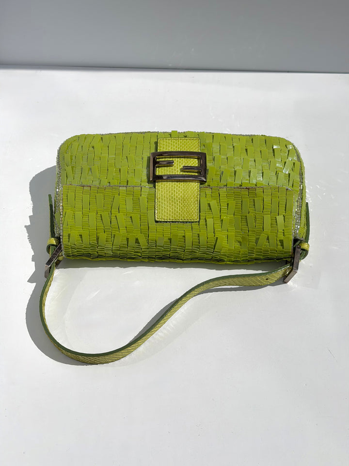 Fendi Lime Green Sequin Baguette Python Trim Silver Hardware 2000