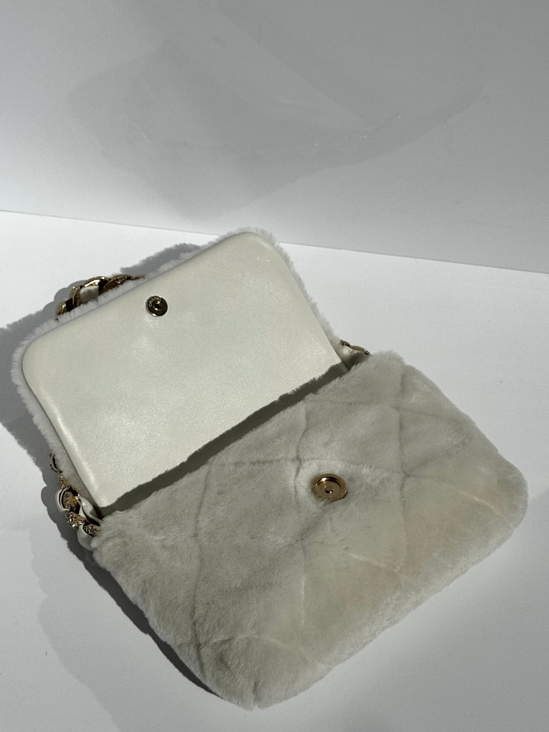 Chanel Shearling & Strass Flap Bag White Shearling with Gold Hardware 2020