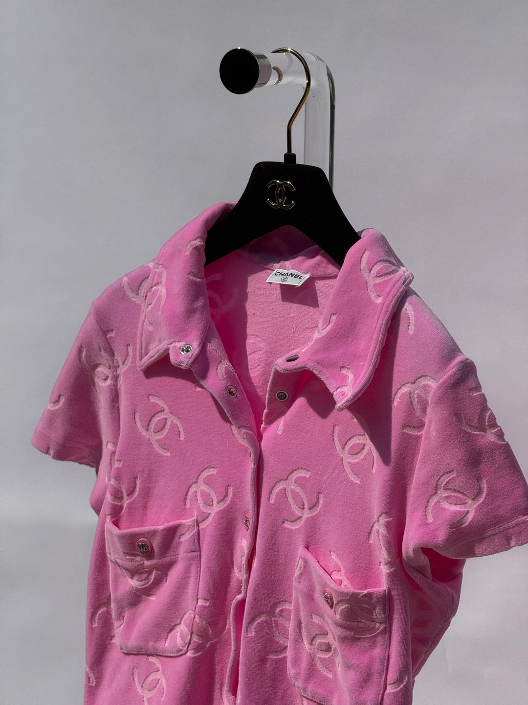 Chanel Spring 1996 Pink Velour CC Button Top X EstherandSasha