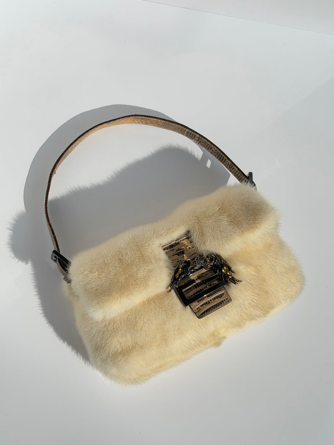 Fendi Crystal Embellished Baguette White Mink Fur Lizard Trim Gold Tone Hardware