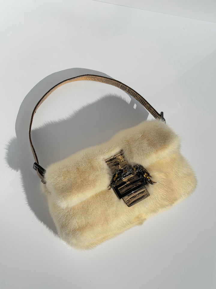 Fendi Crystal Embellished Baguette White Mink Fur Lizard Trim Gold Tone Hardware