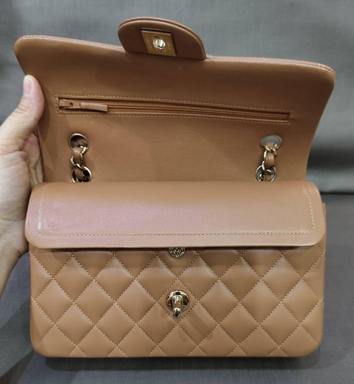 Chanel 22S Small Caramel Lambskin Classic Flap Bag + LGHW